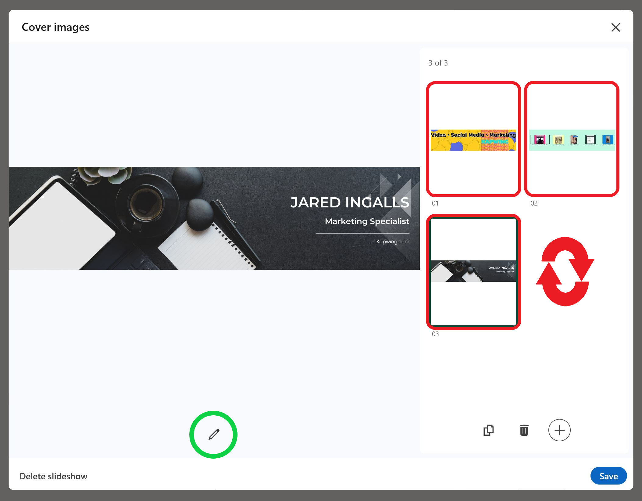 LinkedIn slideshow banner editor with images and tools highlighted. 