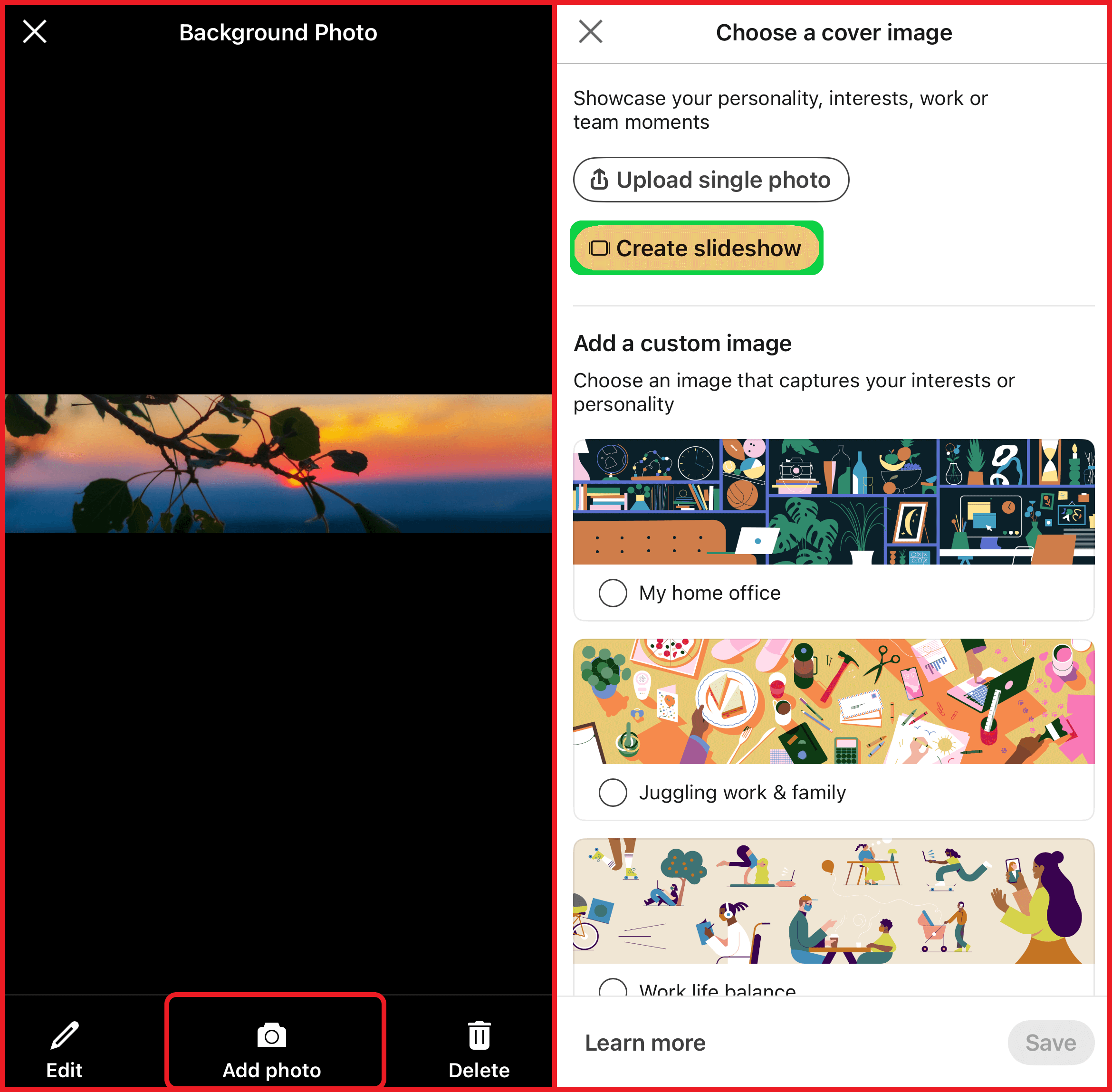 The "Add photo" option on the LinkedIn mobile app, with the "Create slideshow" option visible for uploading media to the profile banner.
