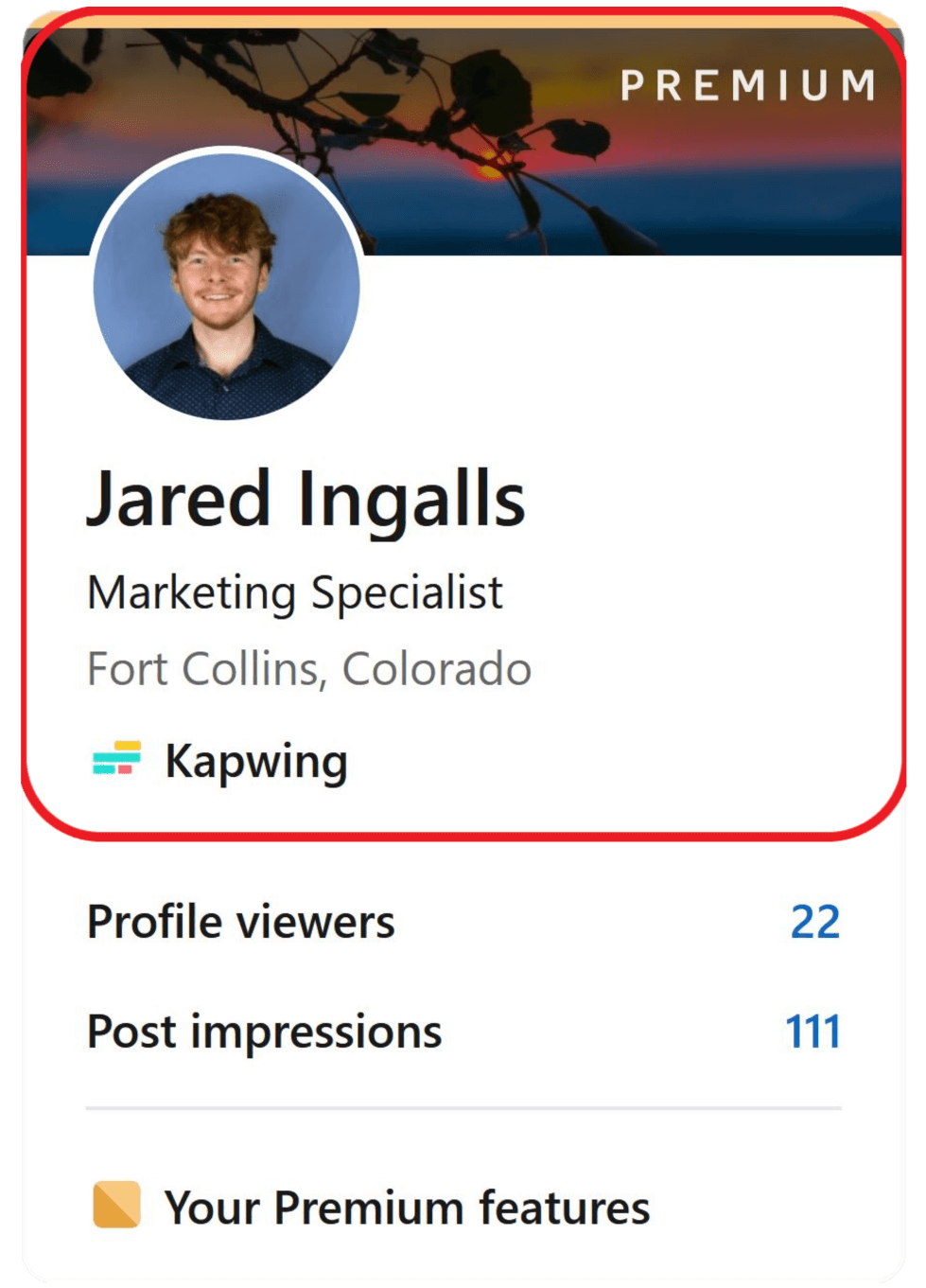 A close-up of the LinkedIn profile sidebar, with the highlighted area where users can click to view their profile.