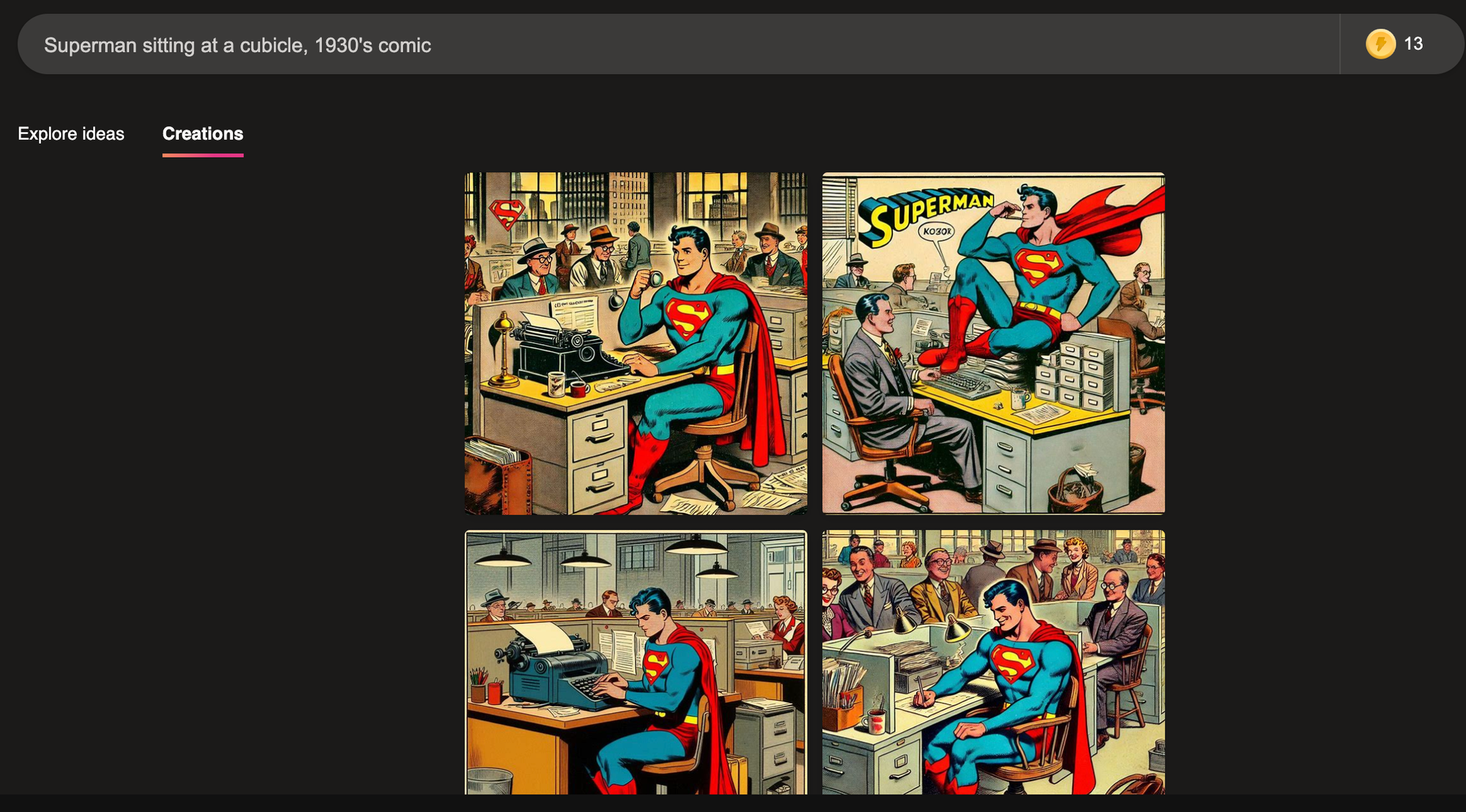 Four images of Superman at a desk. 