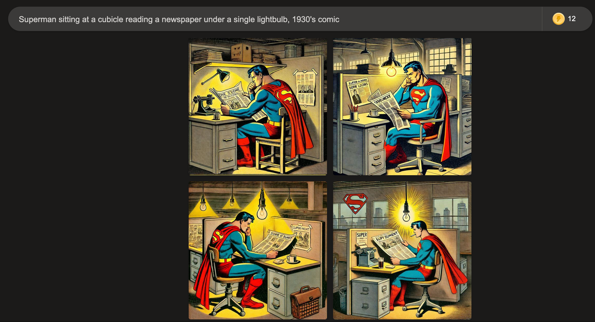 Four AI-generated images of Superman reading a newspaper under a lightbulb.