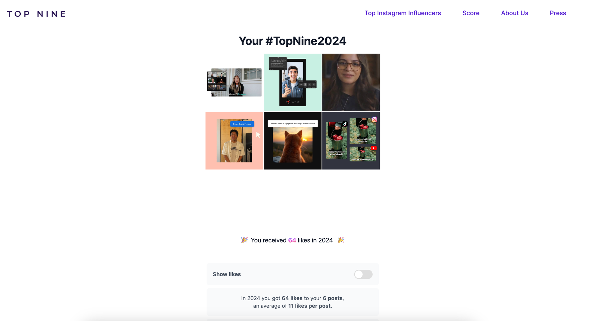 Top Nine website with Instagram photos loaded