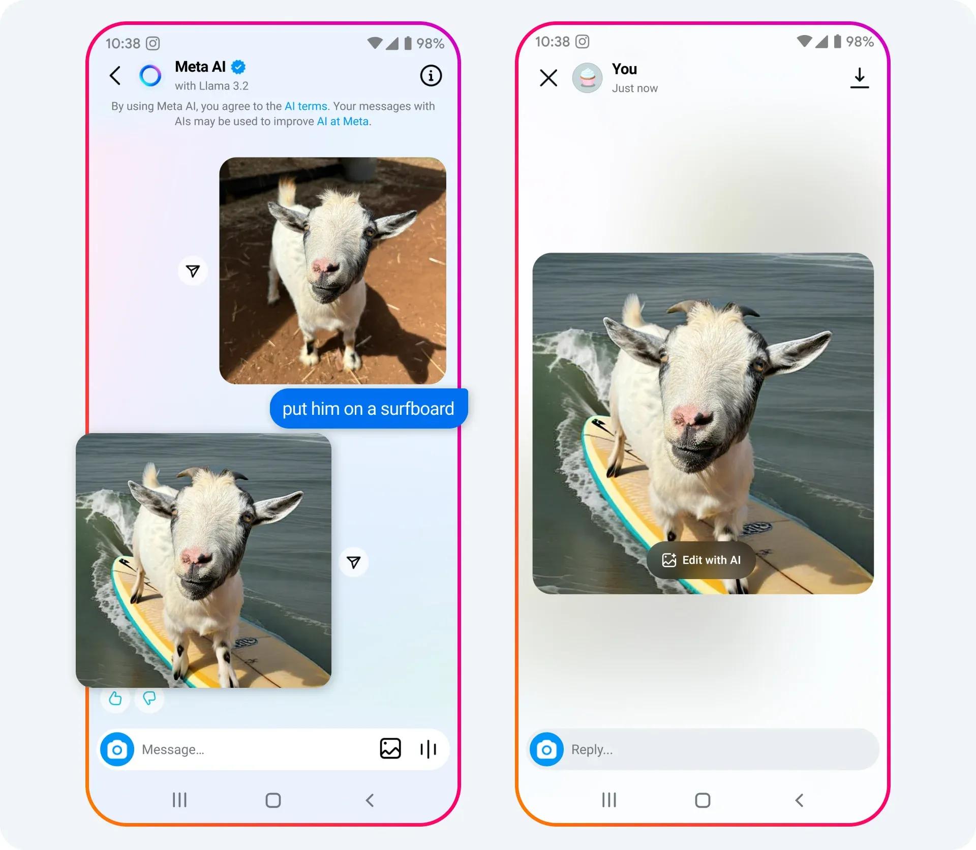 A goat edited to be riding a surfboard via Instagram's AI photo editing feature