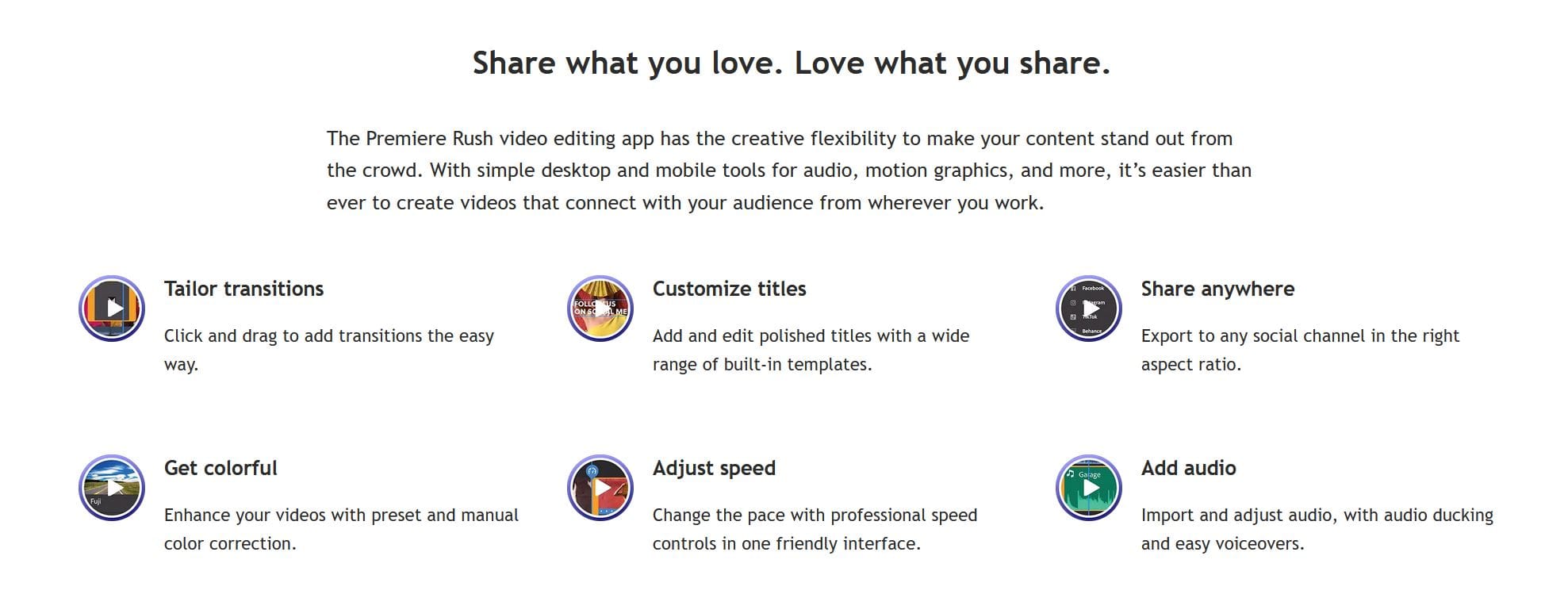 Bullet list with six key features of Premiere Rush, including transitions, sharing, and speed adjustments. 