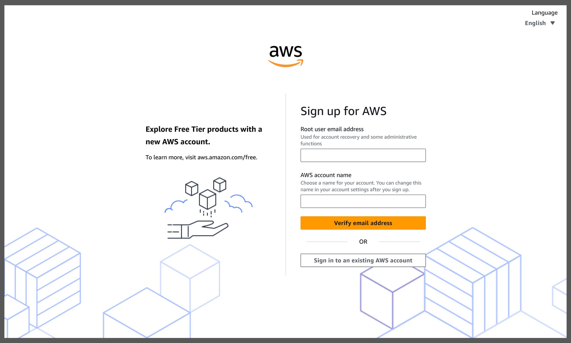 A screen displaying the AWS sign-up page, showing fields for email address and account name.