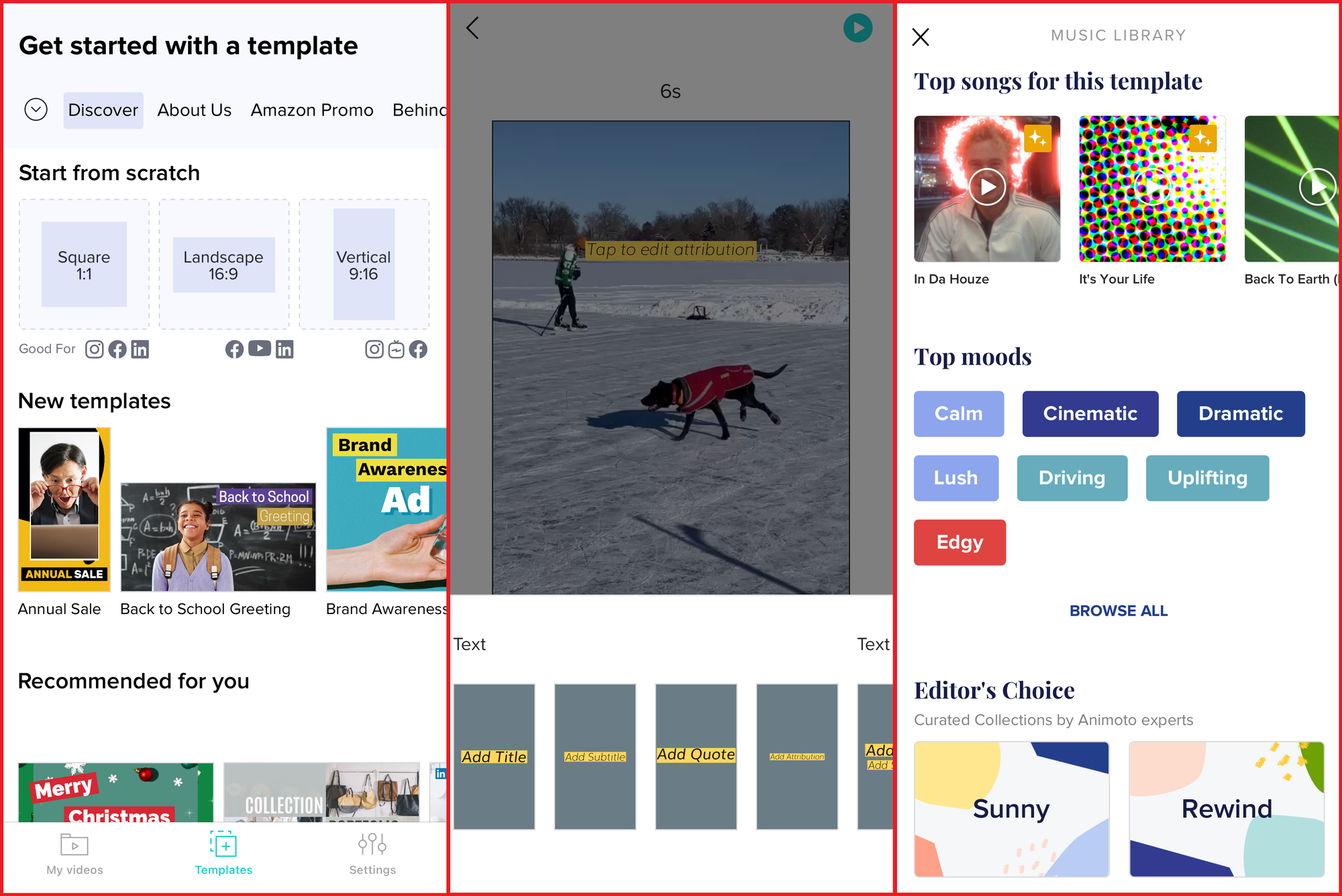Three side-by-side images of the Animoto app, showing the available templates and video editing tools. 