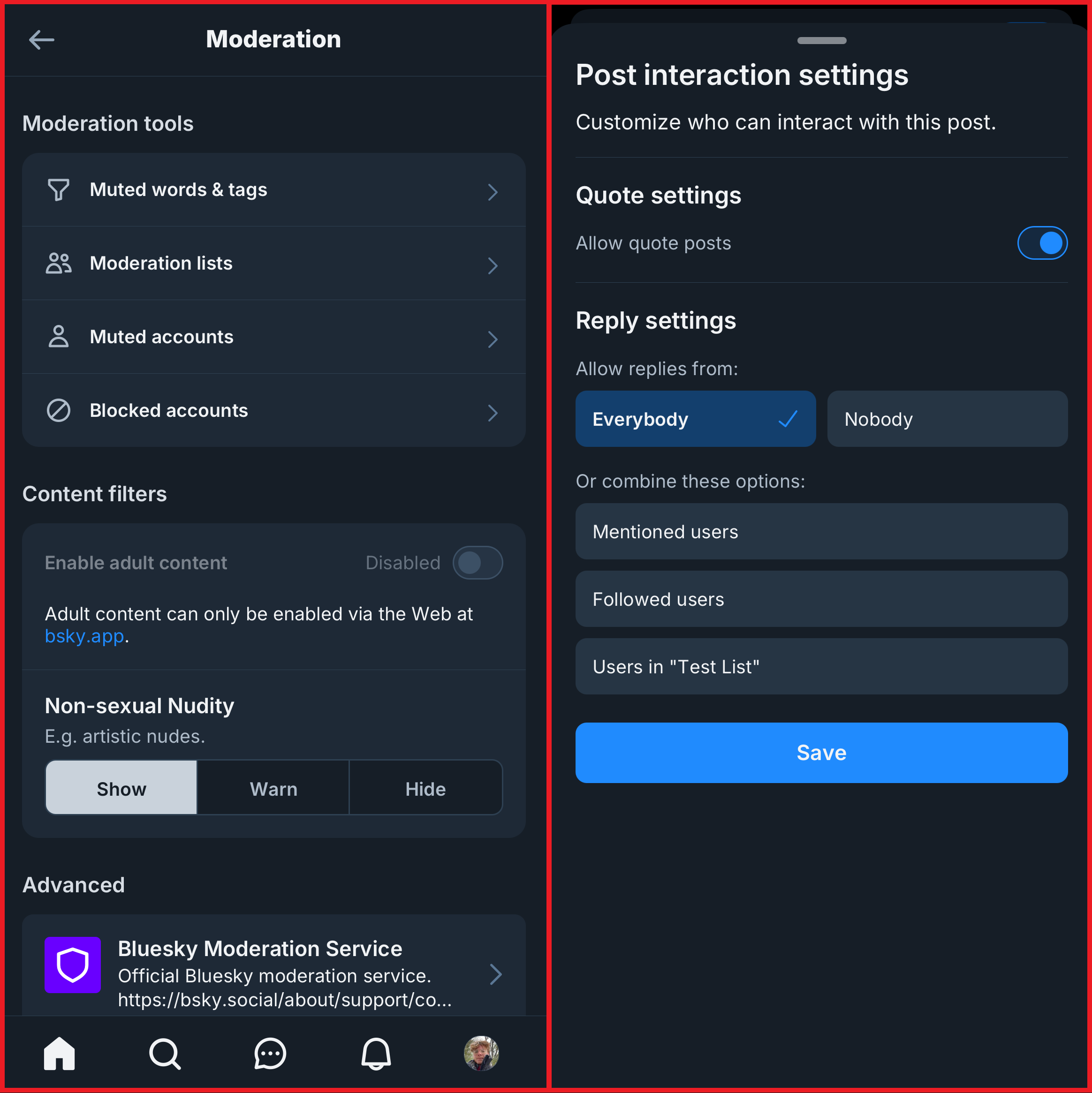 Bluesky mobile app showing the different moderation tools for feeds and posts. 