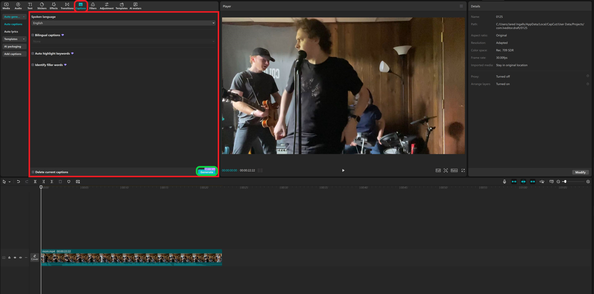 CapCut editor showing the automatic captions tool. 