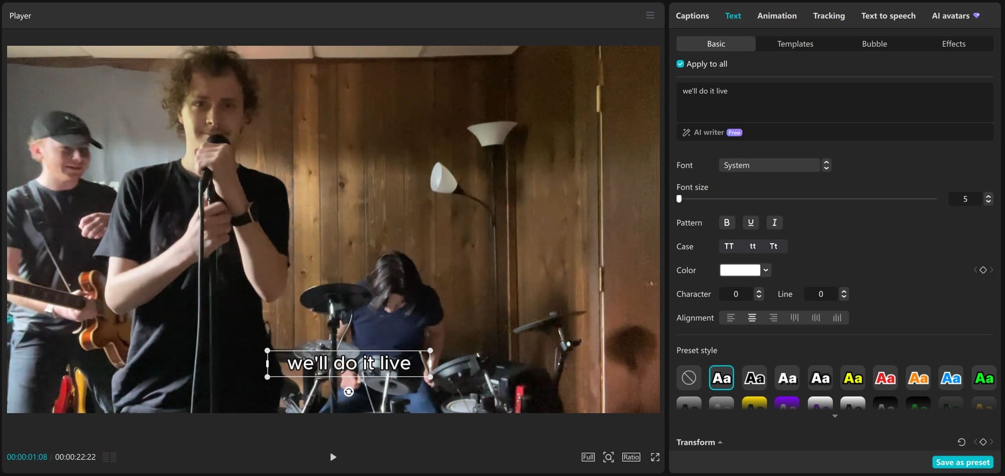 CapCut editor showing how to edit automatic captions. 