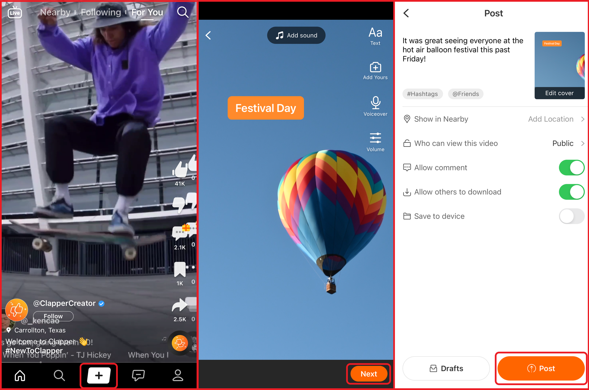Three side-by-side images showing the process to post a video on Clapper.