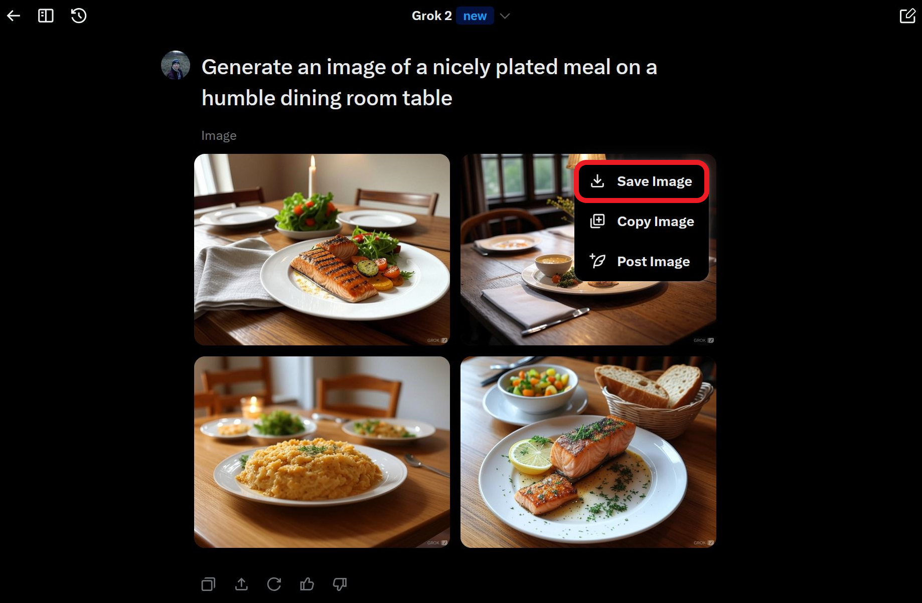 Grok AI images with "Save Image" option highlighted for downloading.