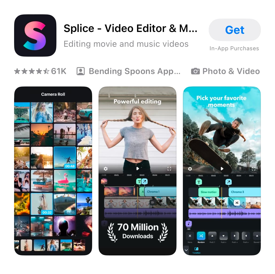 Splice's video editing interface, with options for Media, Text, Effects, Music, Overlay, Blank, and Sounds.