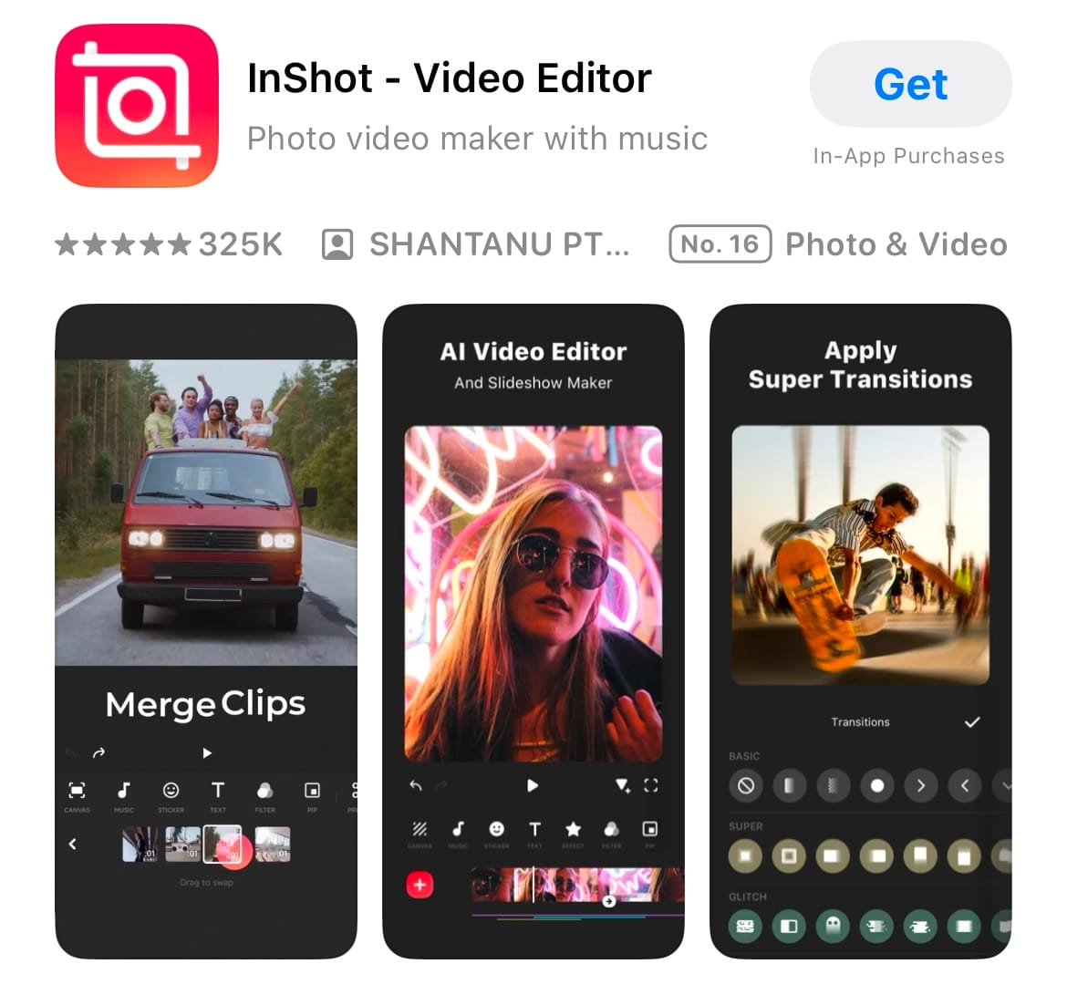 InShot's interface, with simple options for Video, Photo, and Collage. 