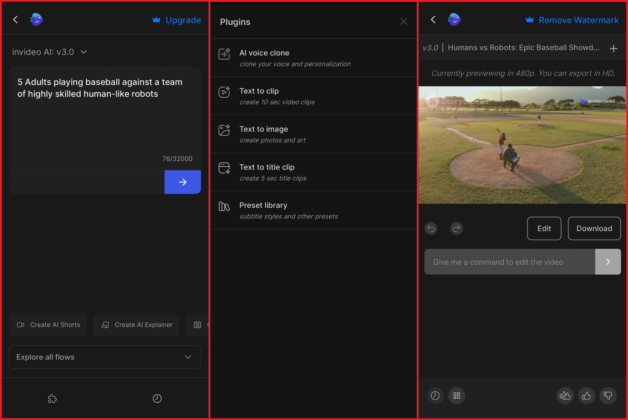 Three side-by-side images of the InVideo app, showing the AI video generation process. 