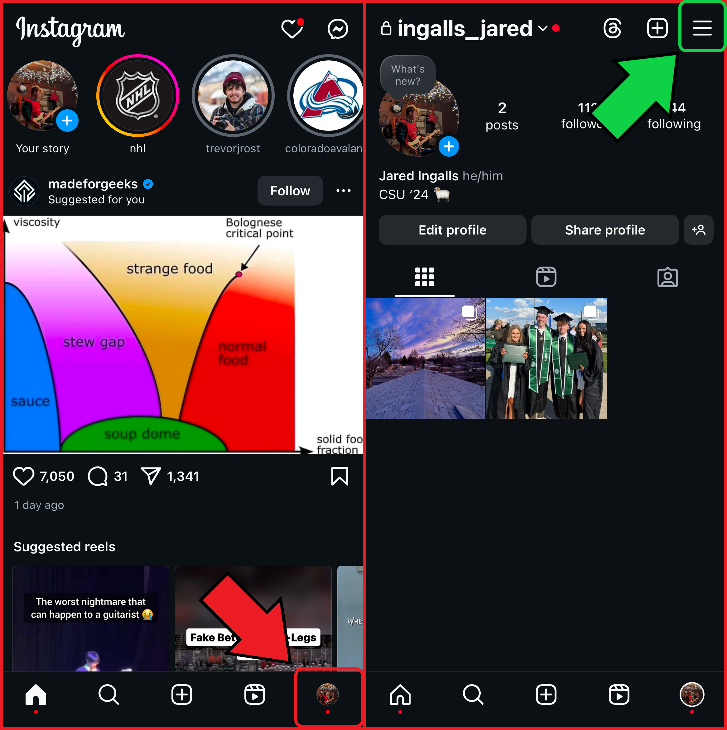 A screenshot of an Instagram profile page with the three-bar icon in the top-right corner highlighted