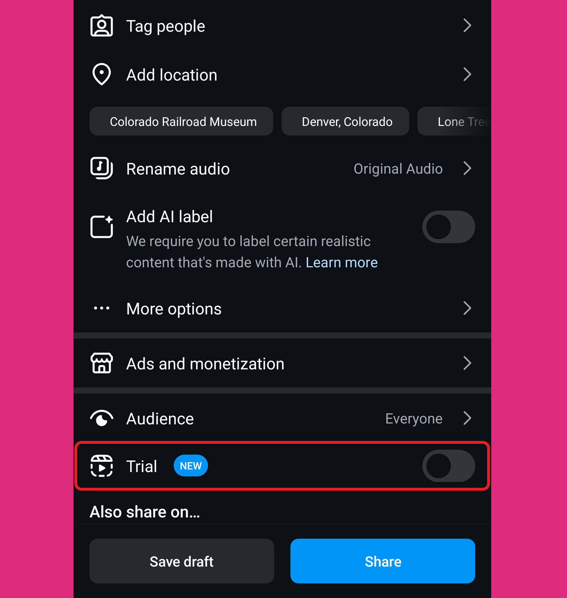 A screenshot of the Instagram post menu with the Trial toggle highlighted