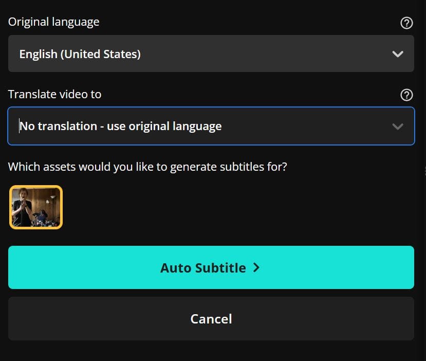 Kapwing editor showing the automatic subtitles tool. 