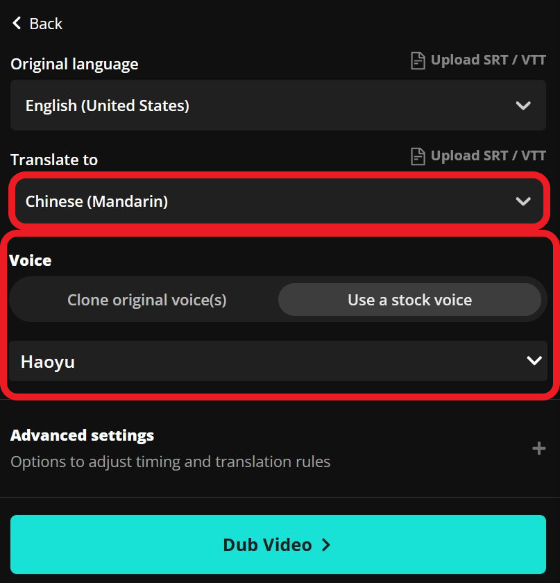 Kapwing automatic dubbing tool with settings highlighted like language and voice.