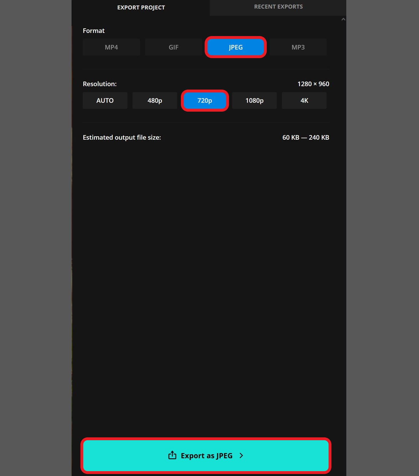 Kapwing export settings menu showing the option to save the reference image as a JPEG with a resolution of 720p.