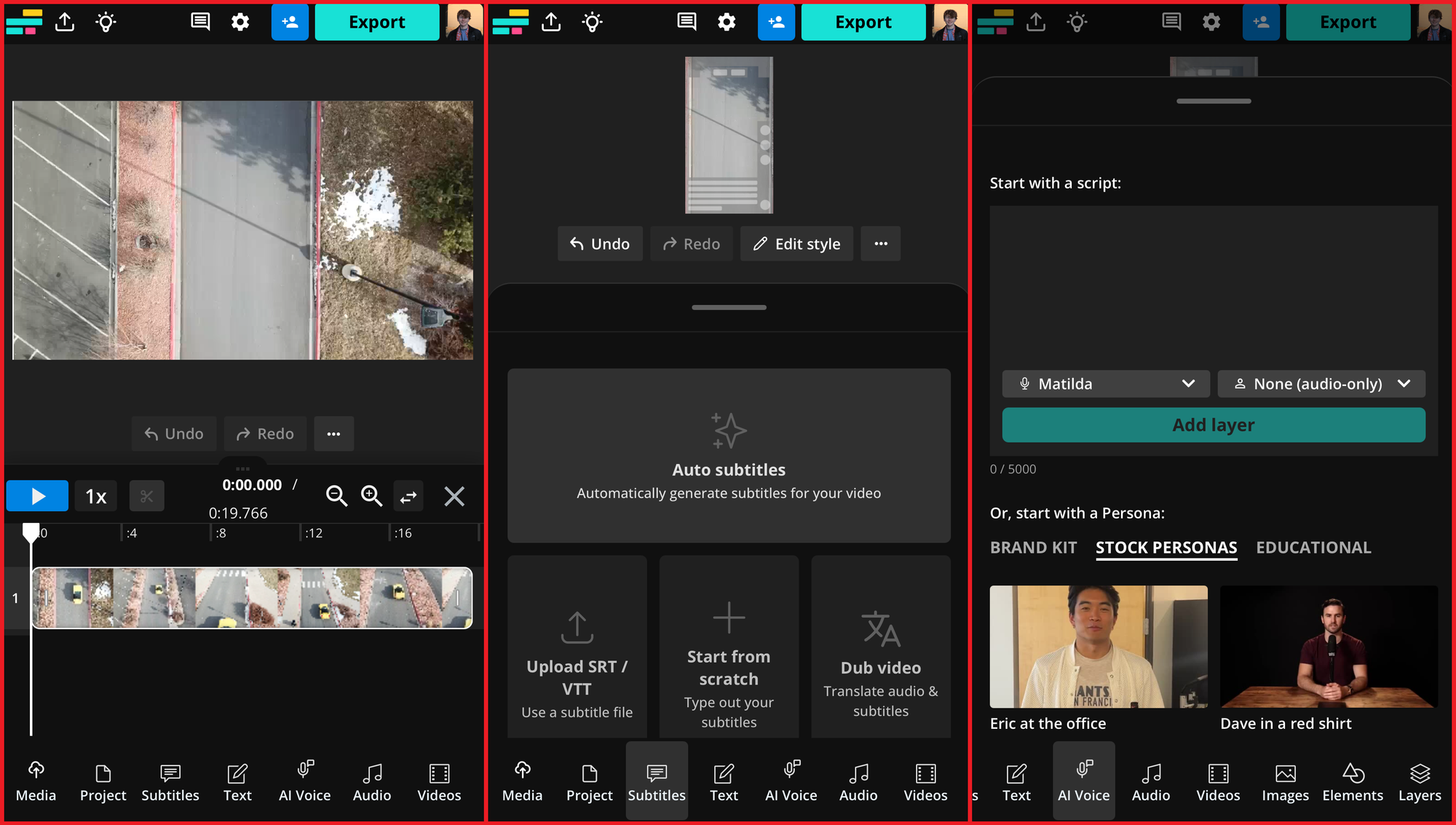 Kapwing mobile interface showing editing features across three side-by-side screens. 