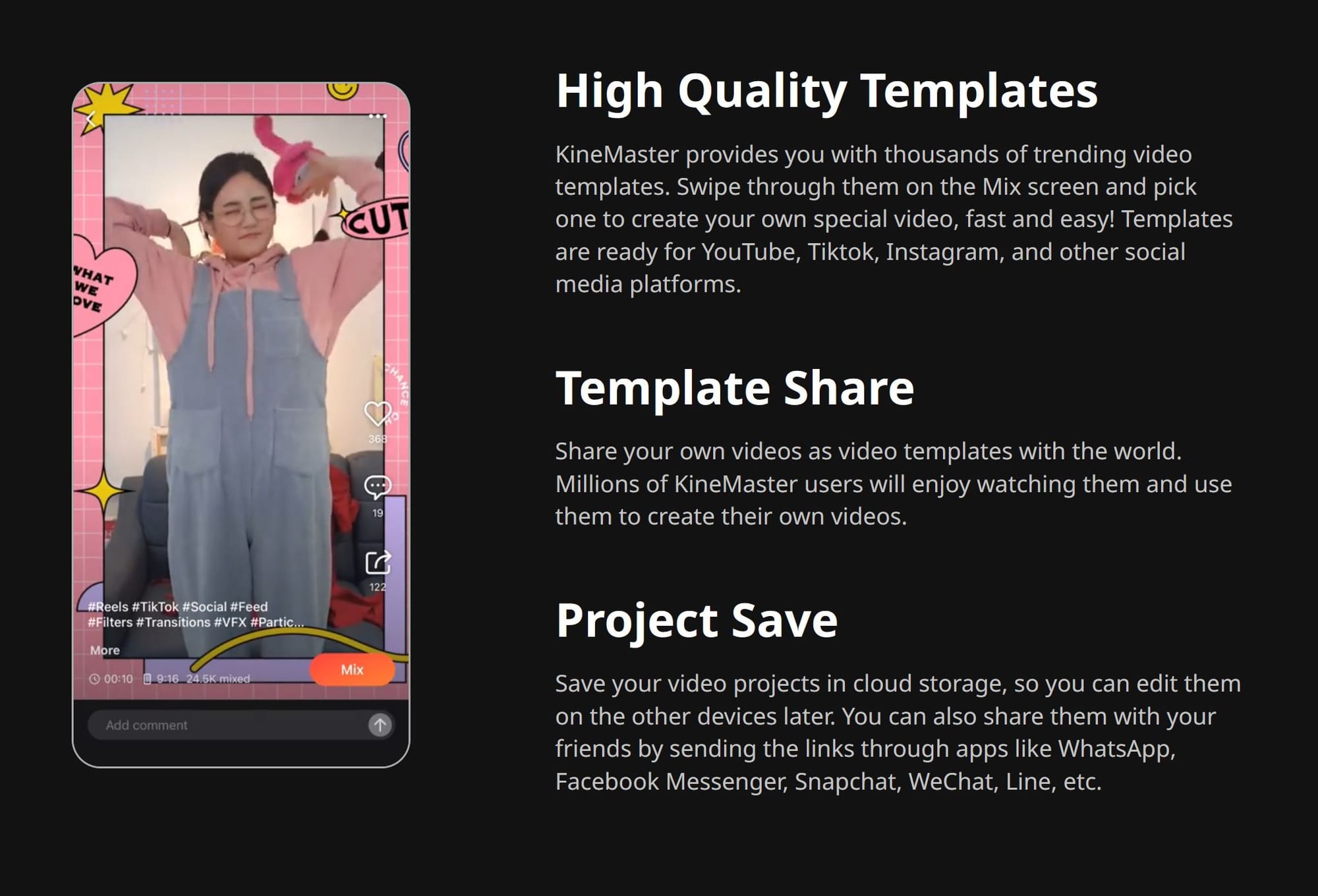 KineMaster website graphic detailing their different video template options. 