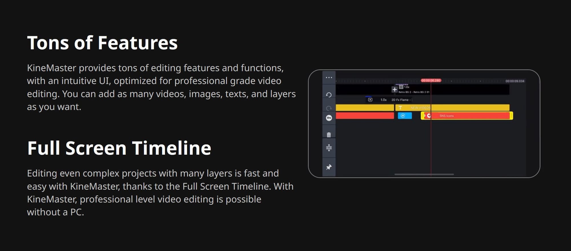 KineMaster website graphic showing a phone in horizontal mode to edit a video timeline.