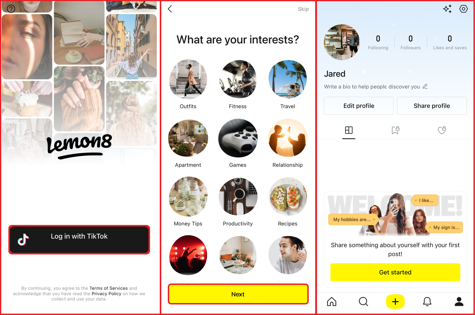 Three side-by-side images showing the Lemon8 account setup process, including linking with a TikTok account.