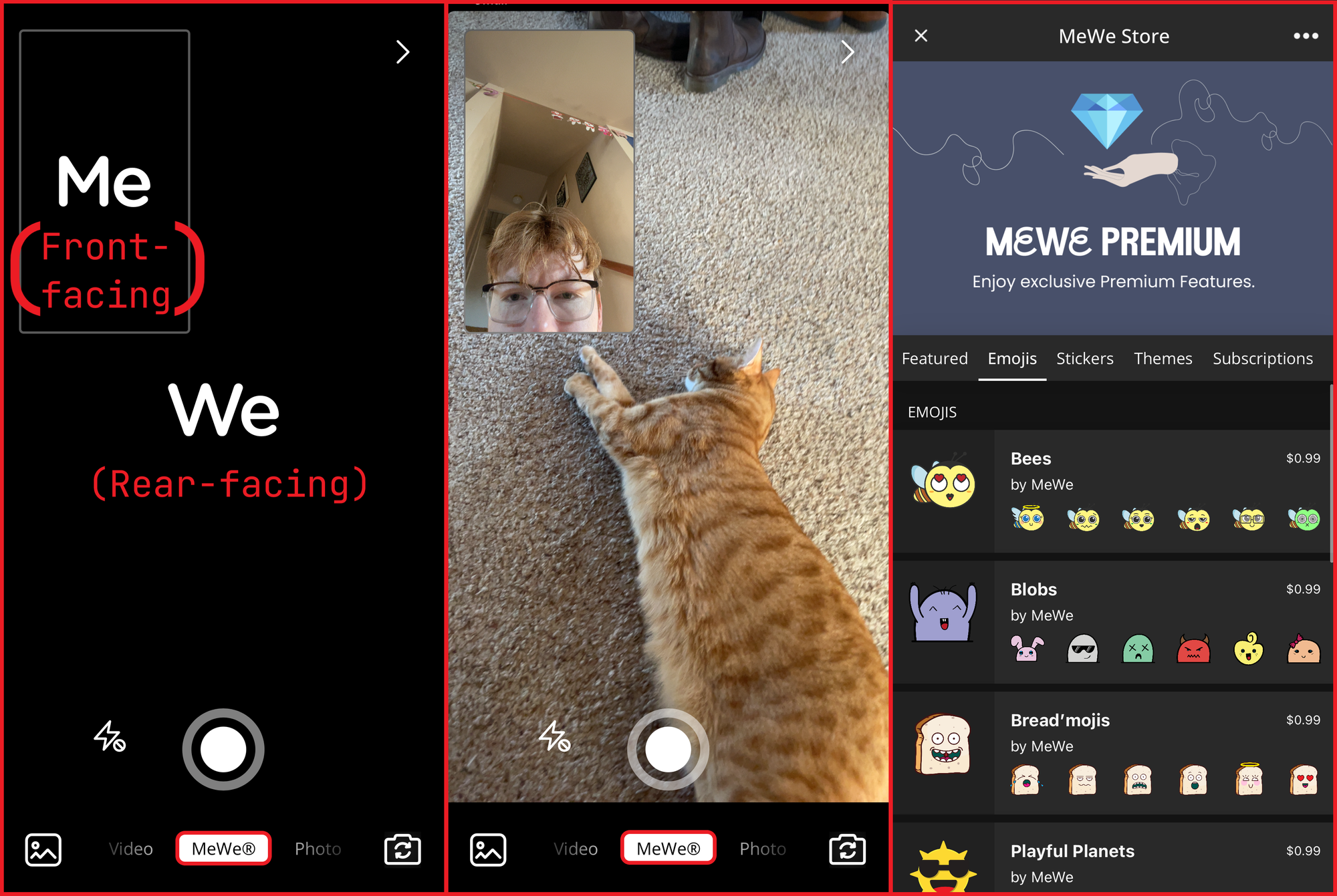 MeWe mobile app showing the integrated camera and premium editing features. 