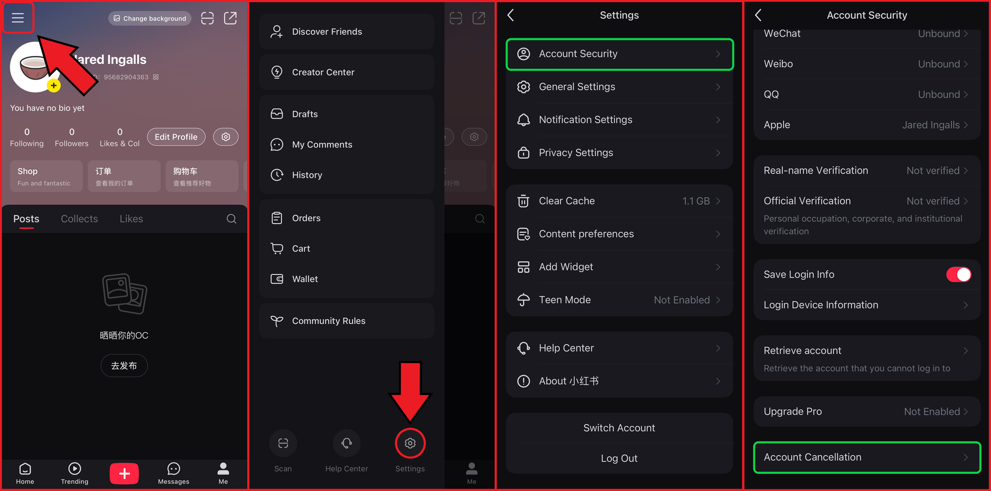 RedNote mobile app showing the account deletion process.