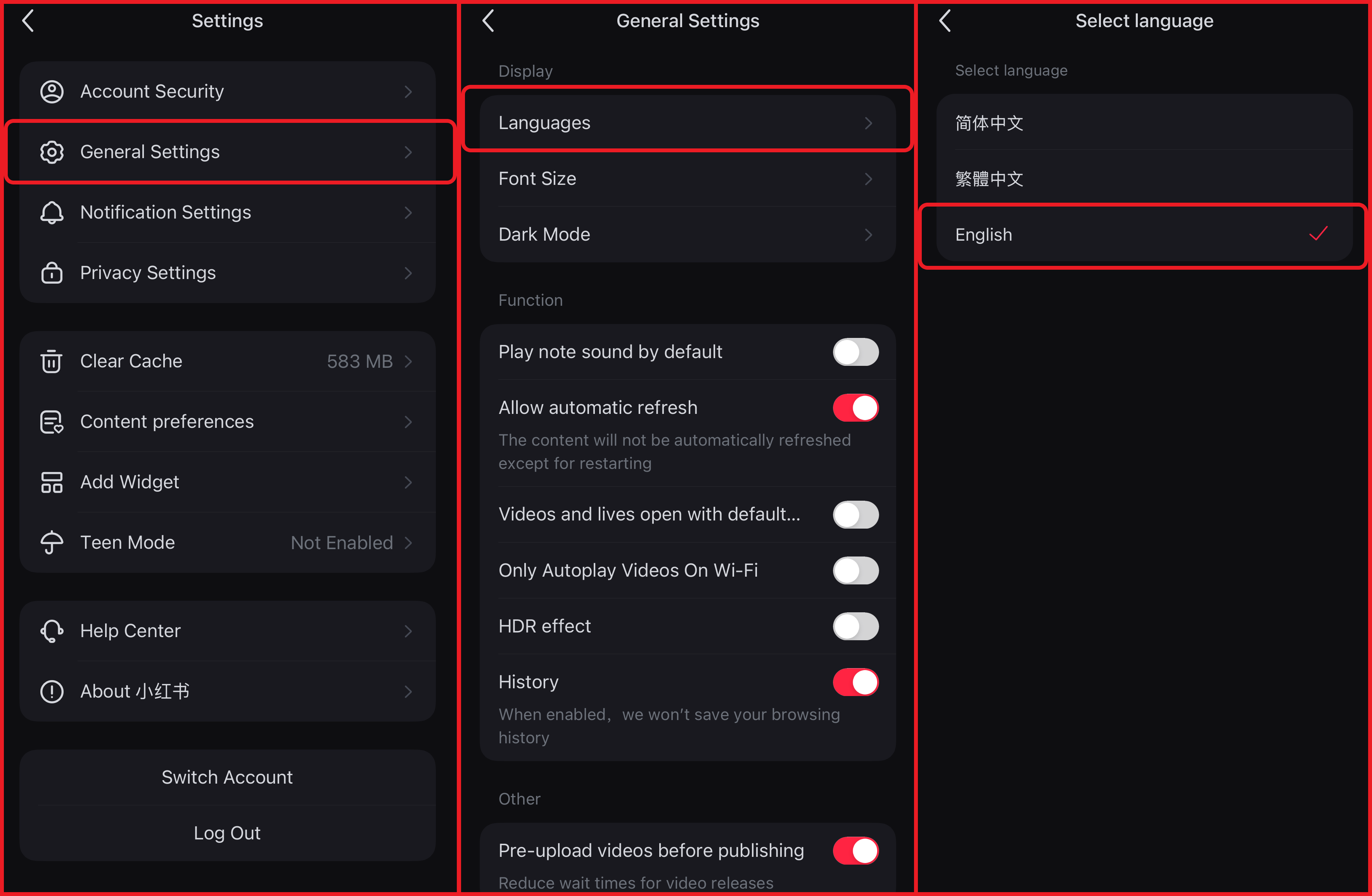 Three side-by-side RedNote screens showing how to change the app language to English.