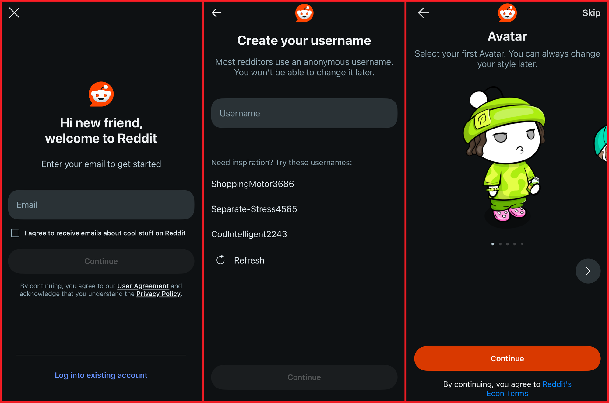 Three side-by-side images of the Reddit mobile app showing the account creation process.