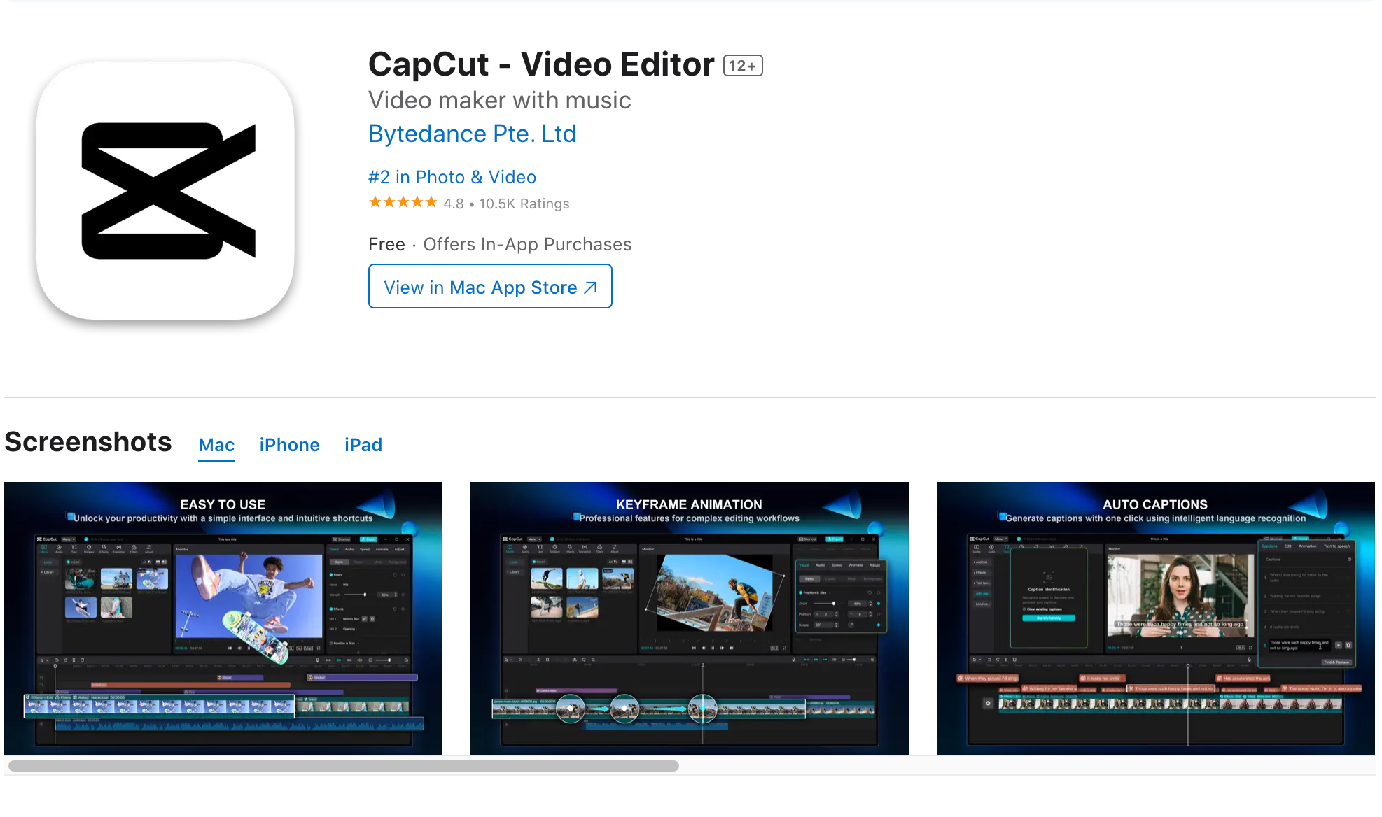 CapCut on the Apple store