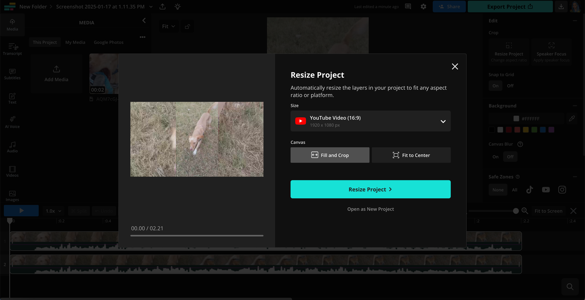 An interface showing a modal for "Resize Project" with the "YouTube Video" aspect ratio selected.