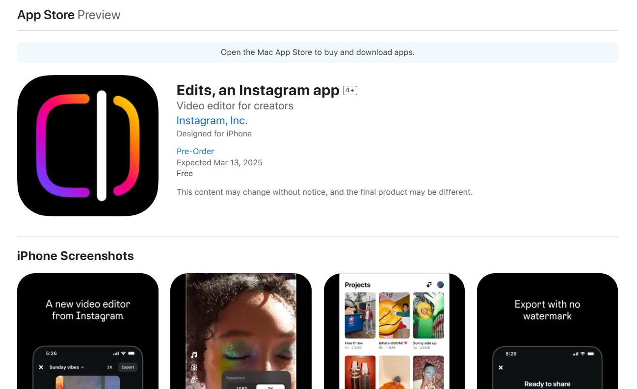 The App Store Preview of "Edits, an Instagram app," showing the app and its screenshots.