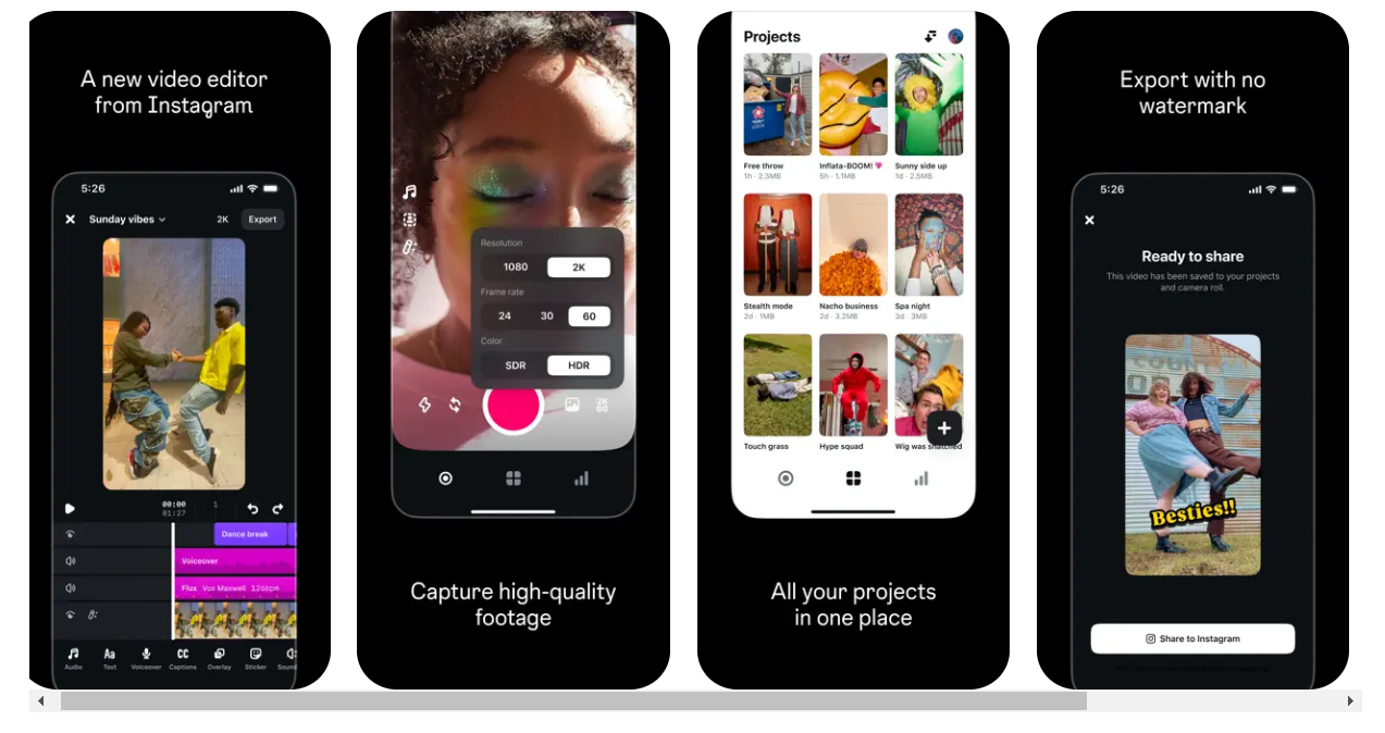 A preview of Instagram Edits showing four screenshots: a new video editor from Instagram, capture high-quality footage, all your projects in one place, and export with no watermark.