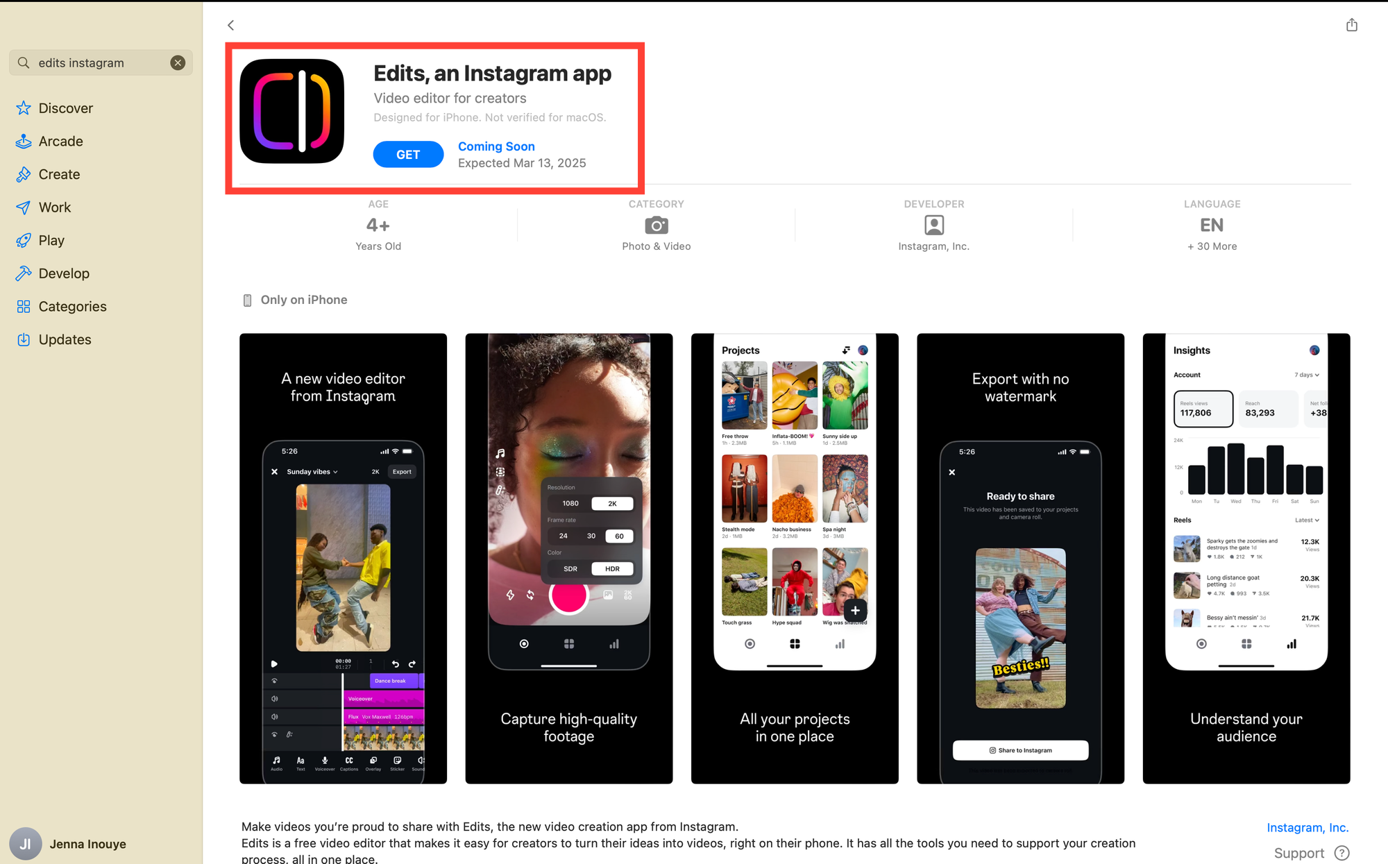 The preorder page for "Edits, an Instagram app" showing a button labeled "Get" with text that reads "Coming Soon."