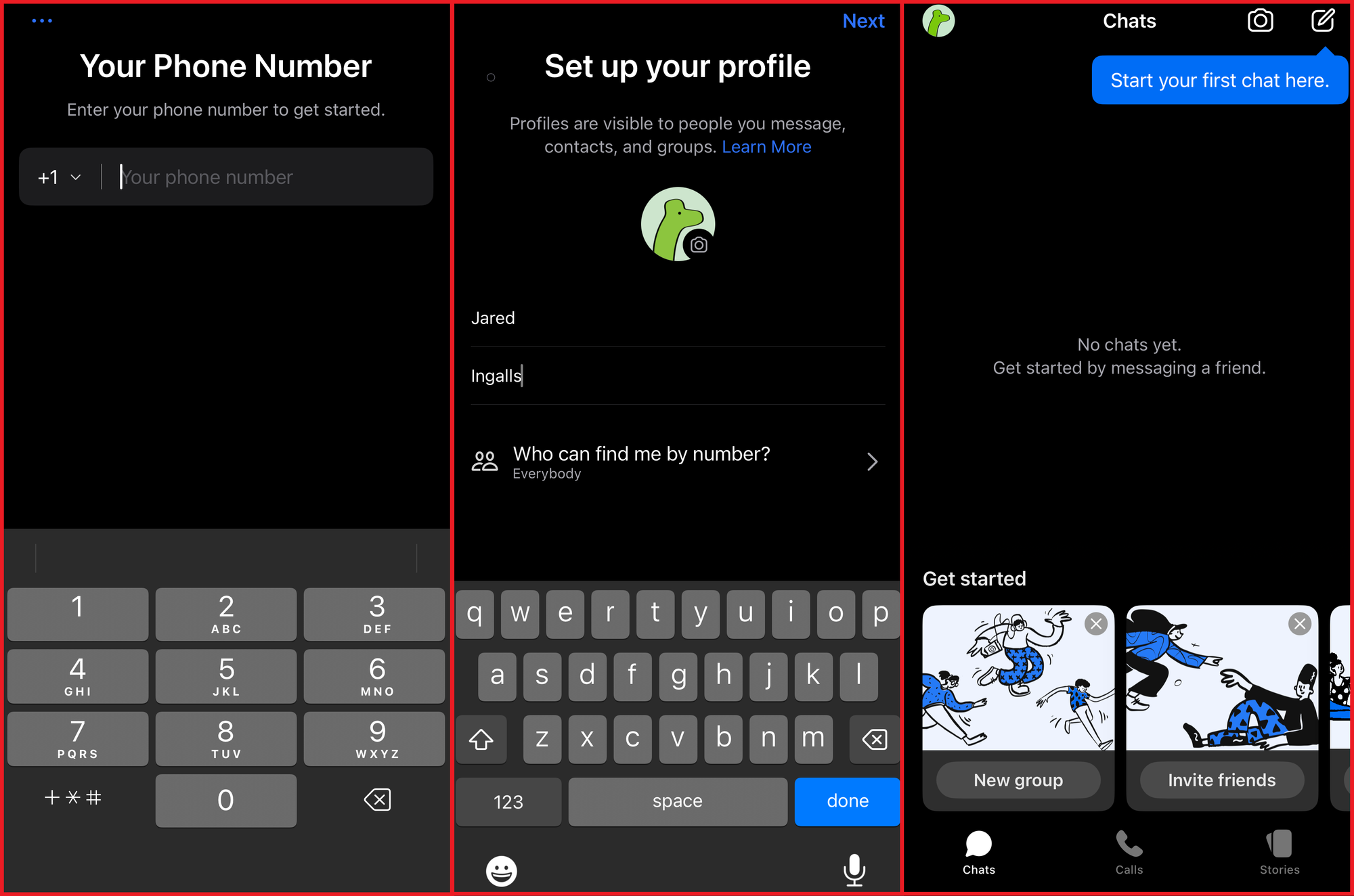 Three side-by-side image of the Signal account creation process using the mobile app. 