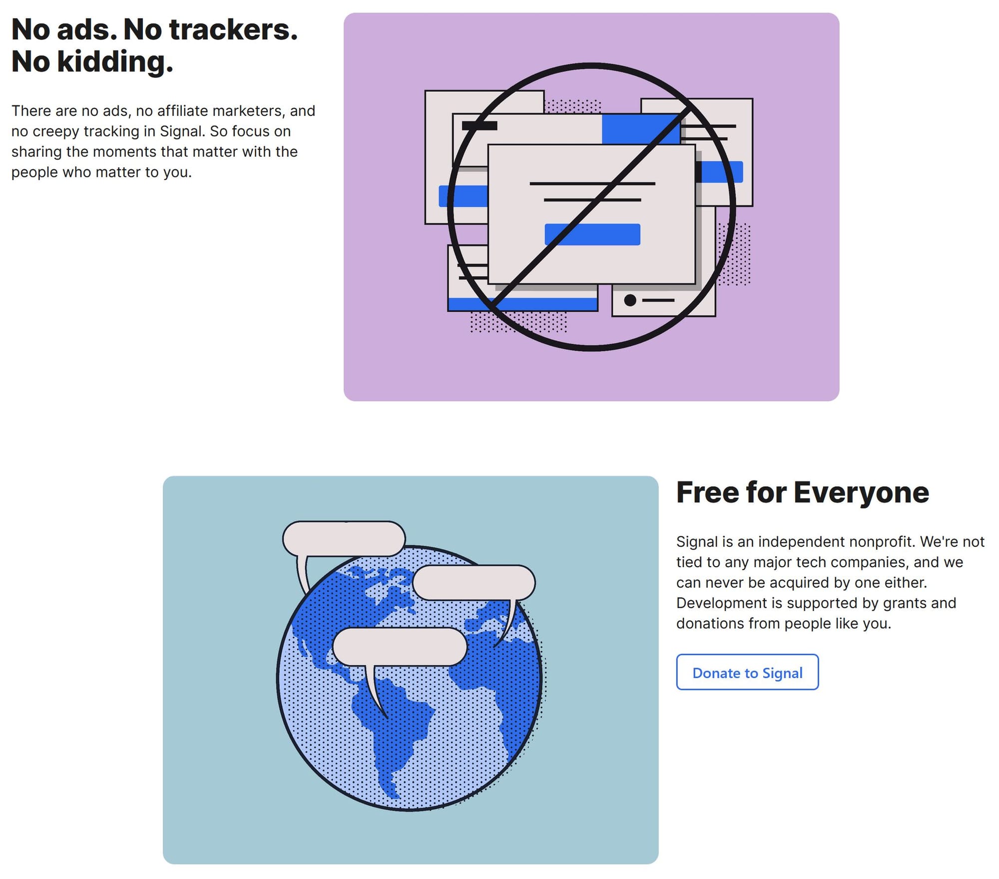 Image of the Signal website showing information pertaining to ads, trackers, and platform ownership.