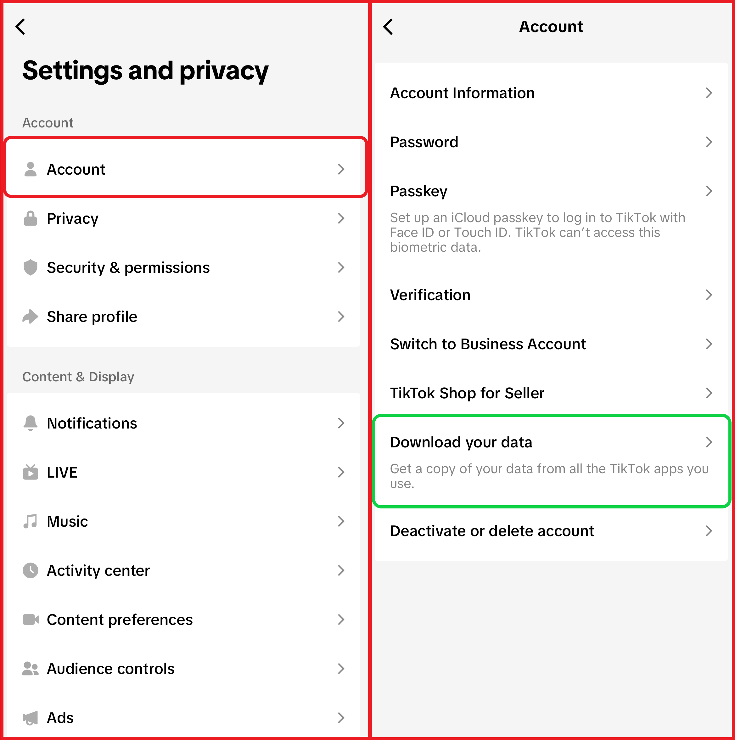 TikTok settings and privacy screens showing how to download your data. 