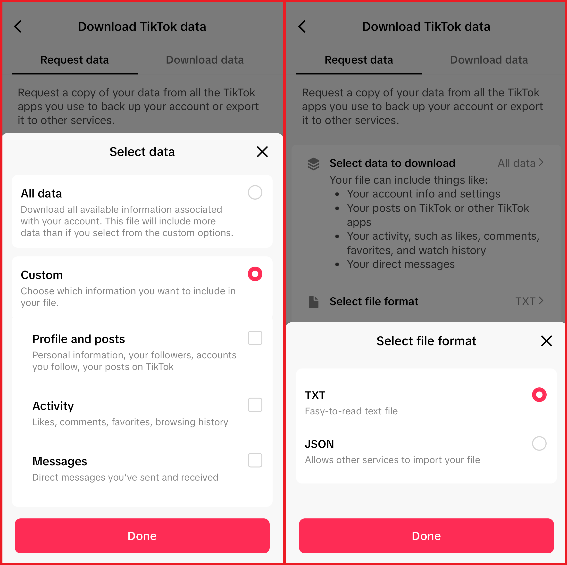 TikTok data request screens showing configuration options for the data download.