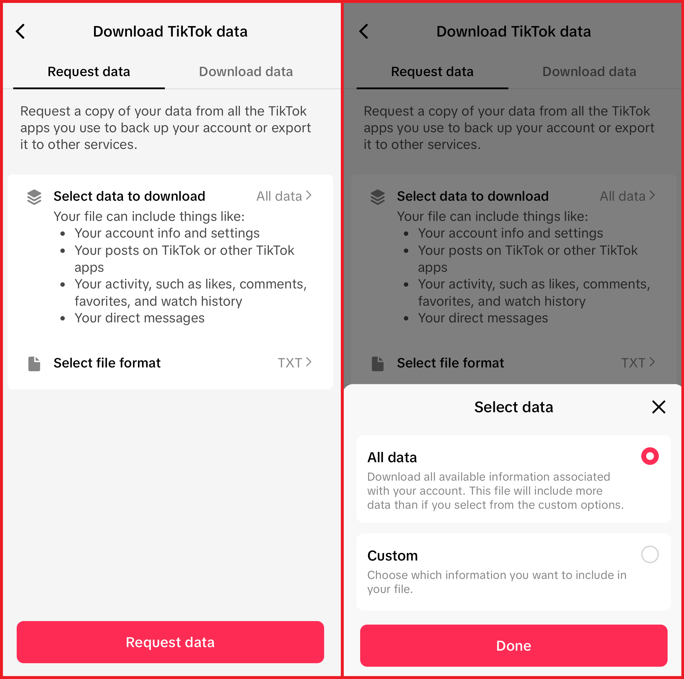 TikTok settings showing the data request screen.