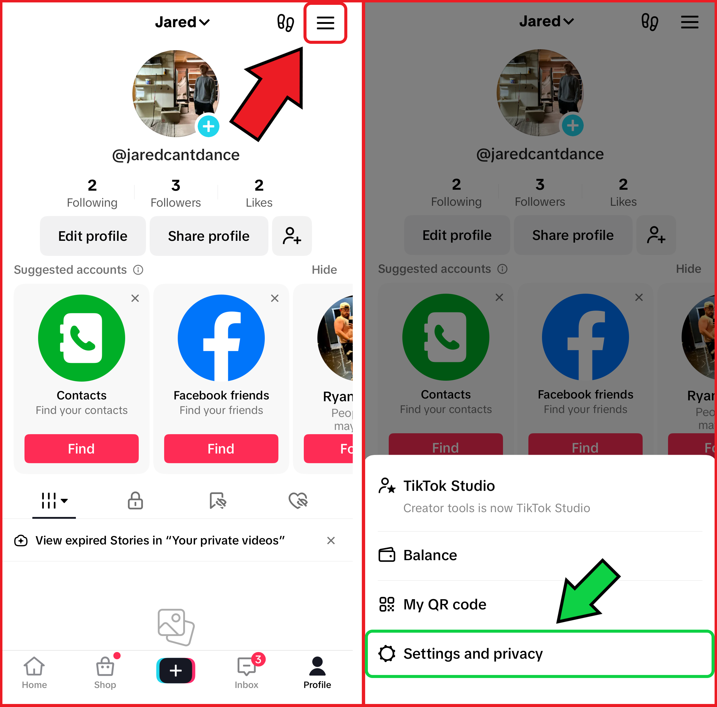 TikTok interface showing a user profile and the settings menu highlighted for emphasis. 