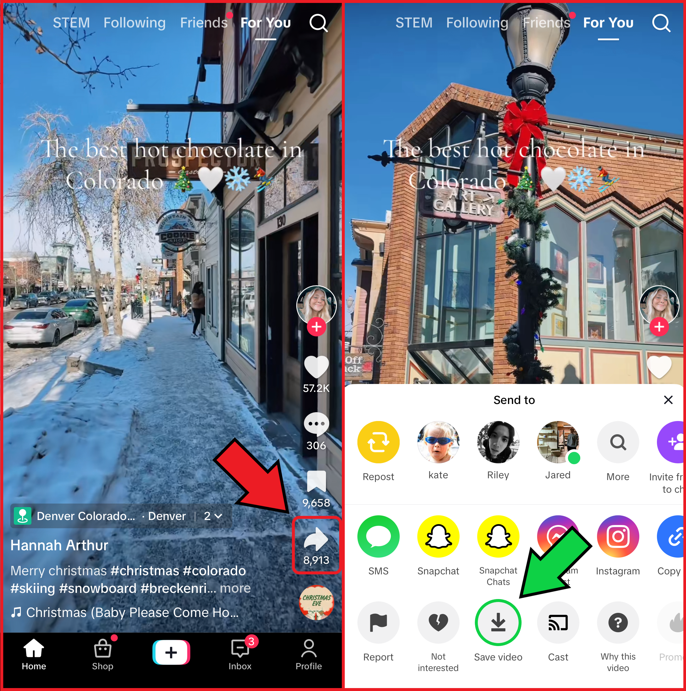 TikTok app with the share menu expanded and the save video option highlighted for emphasis. 