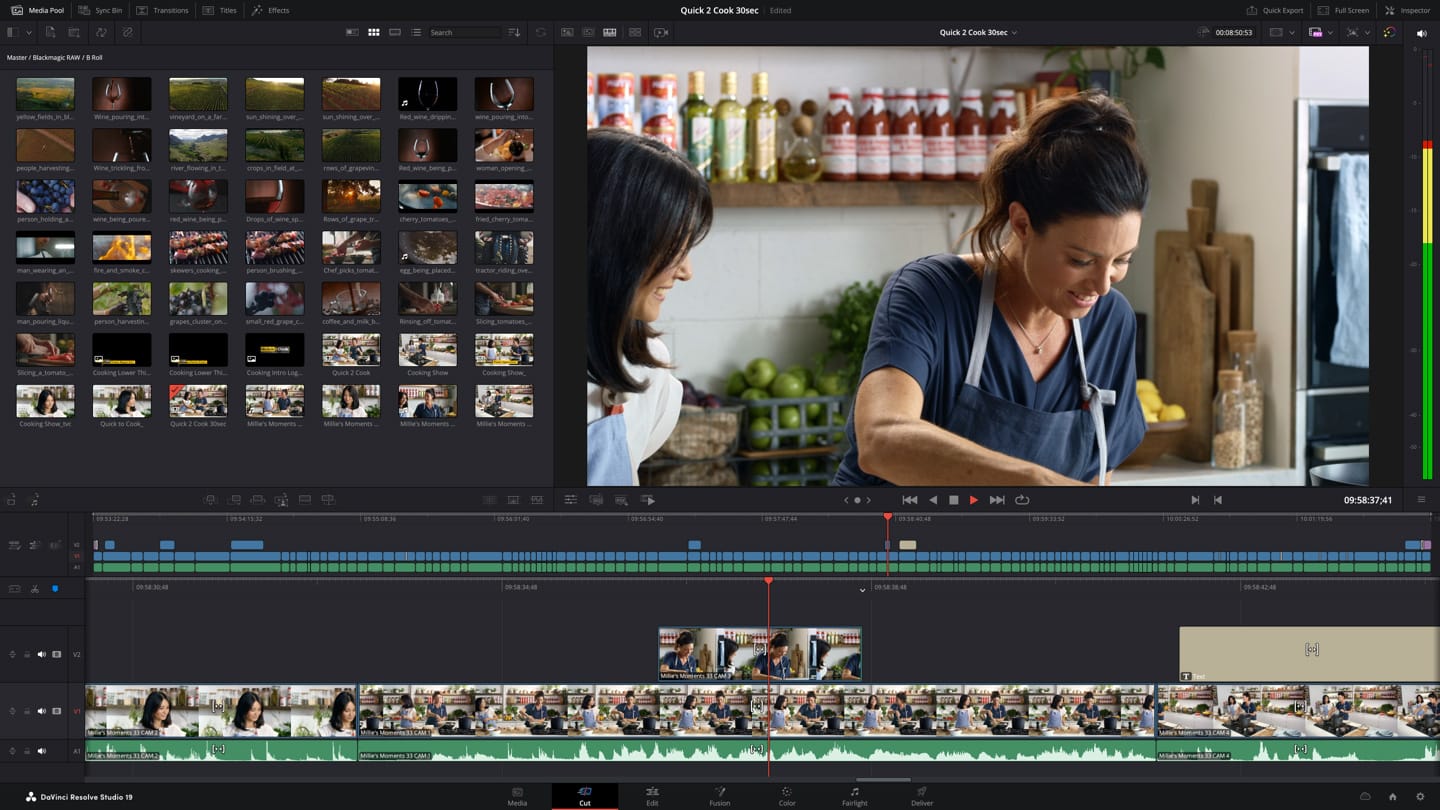 DaVinci Resolve's interface, featuring a "Master" window, editing timeline, and clips.