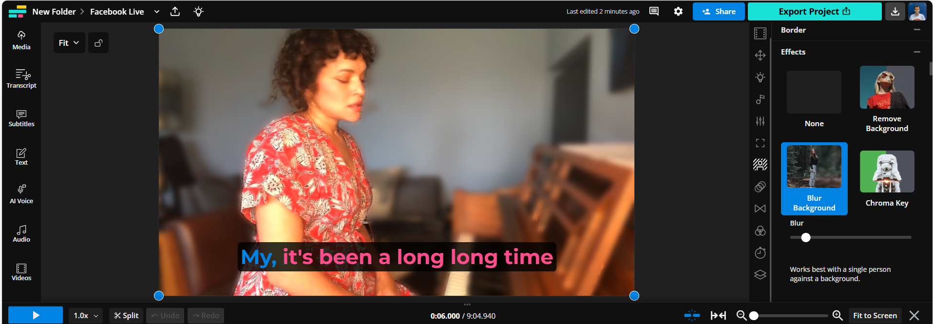 A subtitled video in Kapwing's editing studio with the Blur Background option highlighted