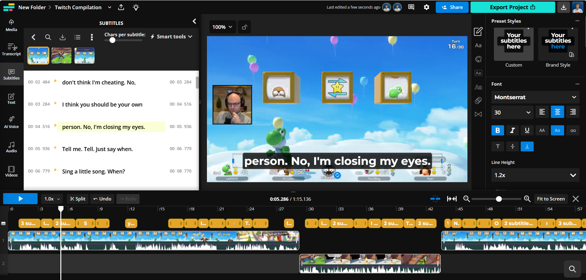 The Kapwing editing screen shows several Twitch Clips added together, with Auto Subtitles added