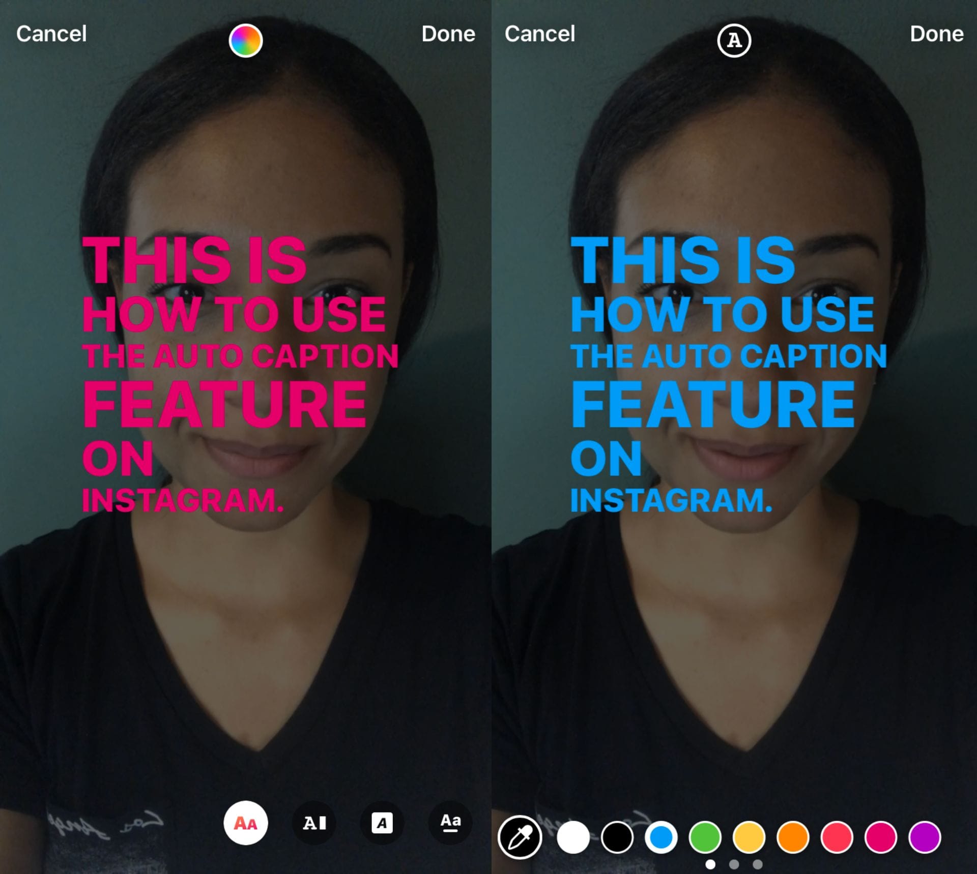 two screenshots showing how to change caption color on Instagram Story