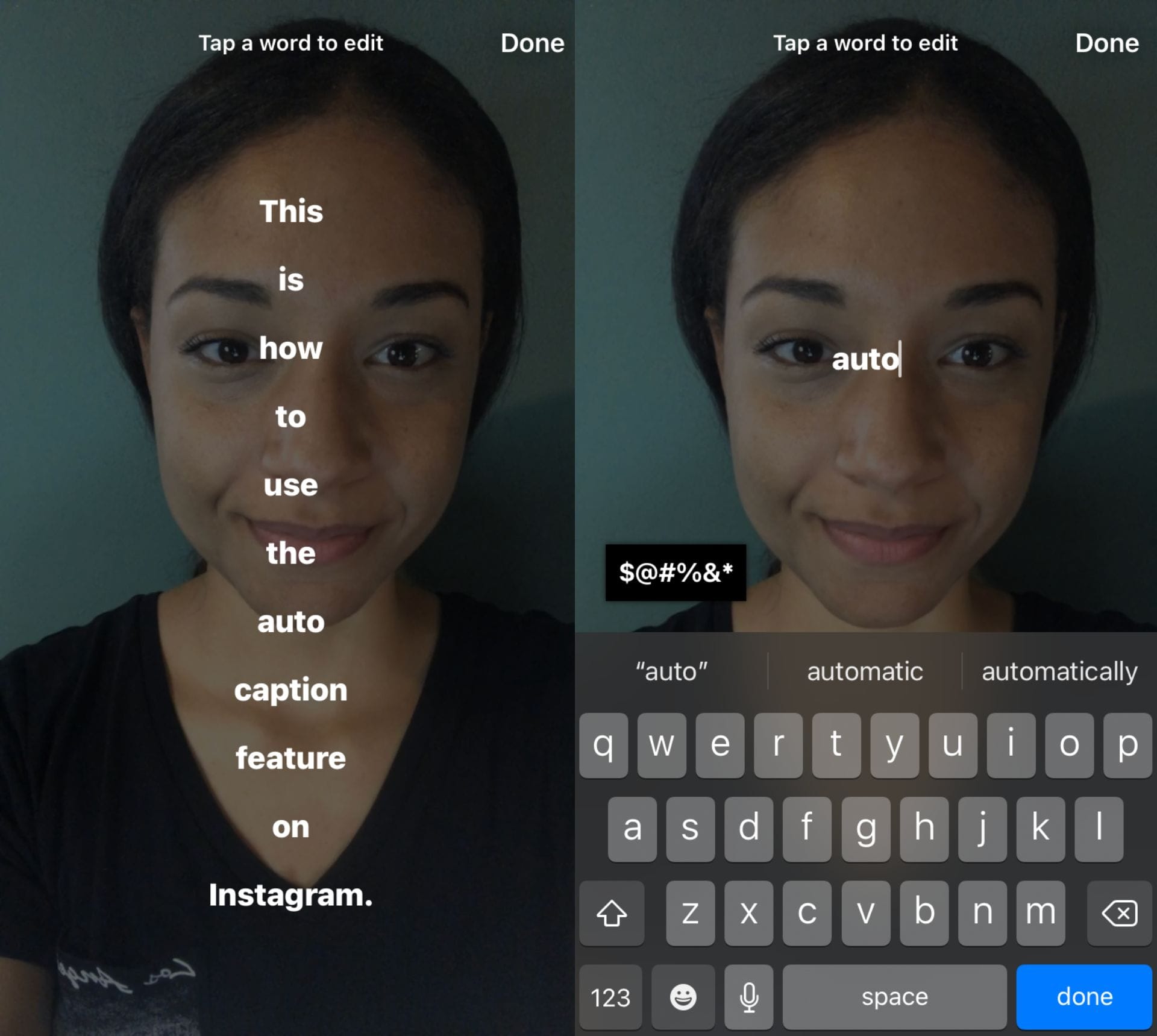 two screenshots showing how to edit auto-captions on Instagram Story