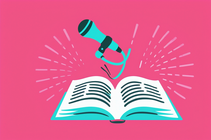 Artwork of a book and speaker with a pink background