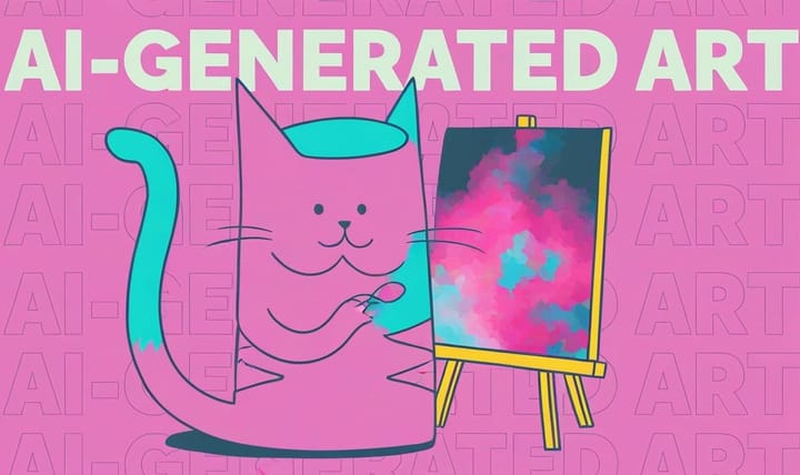 Pink cartoon cat painting on a canvas to represent AI-generated art